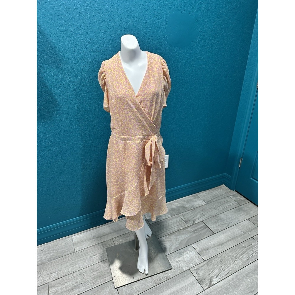Betsey Johnson Pink/Yellow Cheetah Print Faux Wrap Ruffle Dress 8